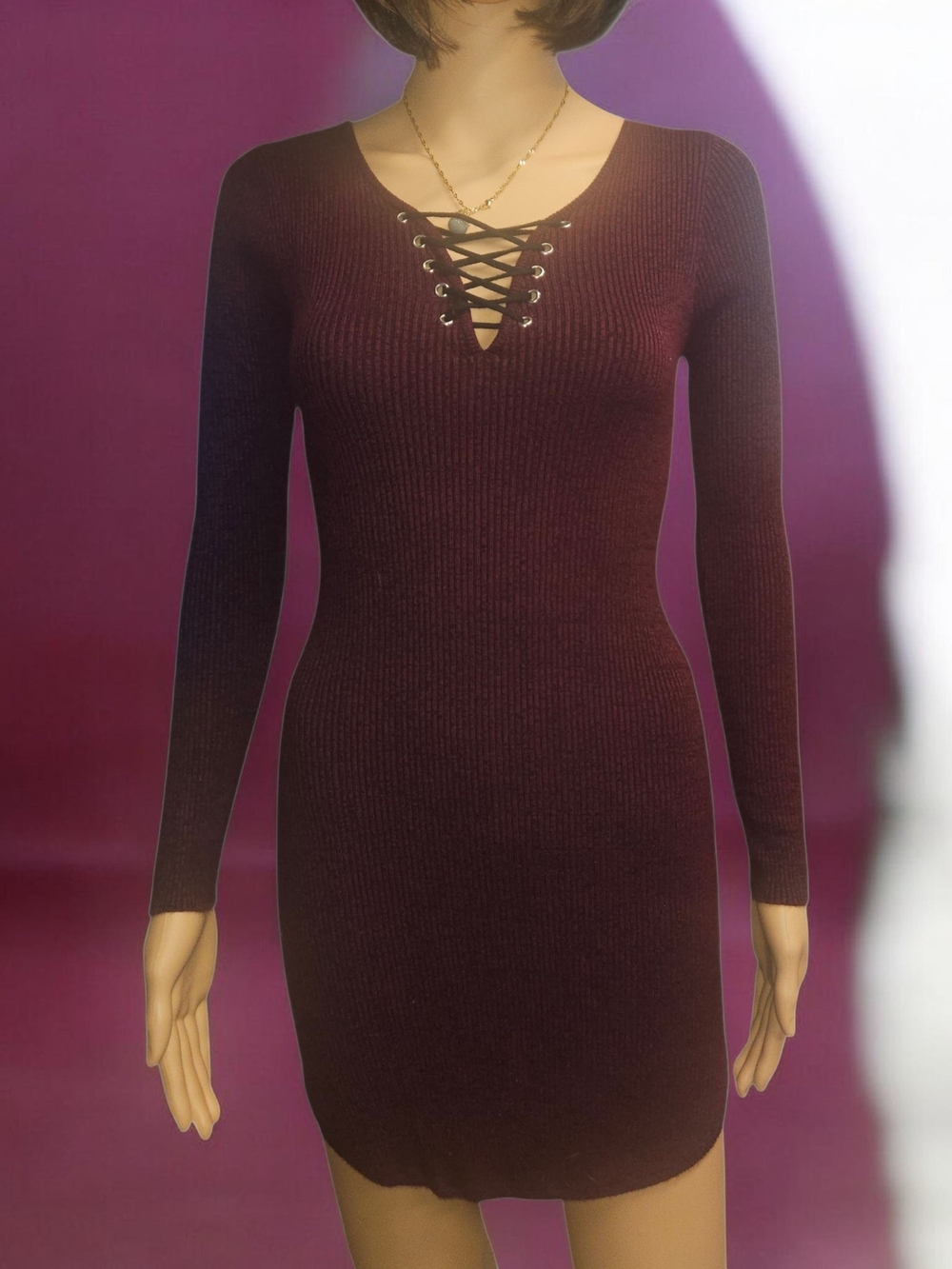 Long Sleeve Lace-Up Rib Knit Dress - Burgundy